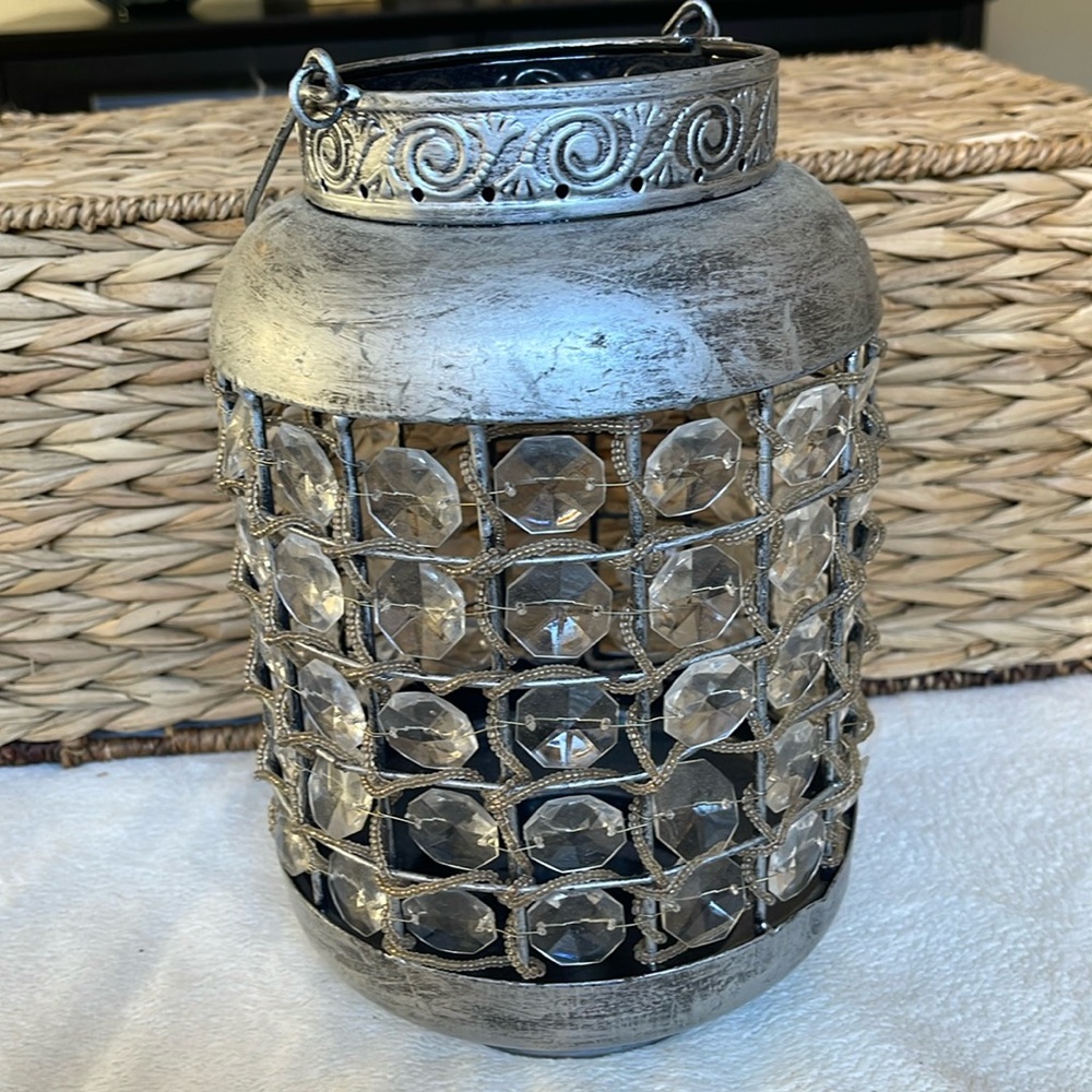 Pier 1 Metal Silver Black Lantern with Top Handle Beaded with Lucite Crystal